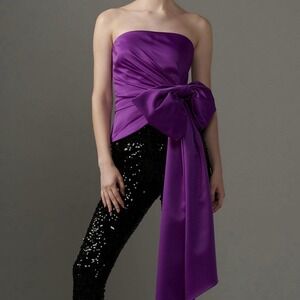 ATSU Anthropologie Satin Strapless Bow Top Sash Cocktail Party Glam Statement L